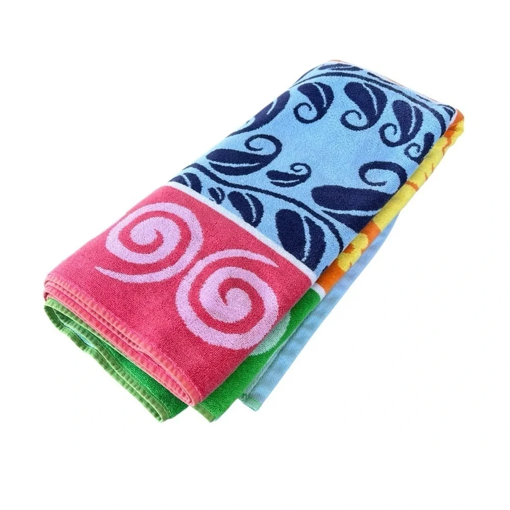 Vintage Oversized Beach Towel Bright Colorful Stripe Hibiscus Tropical 38x67 GUC